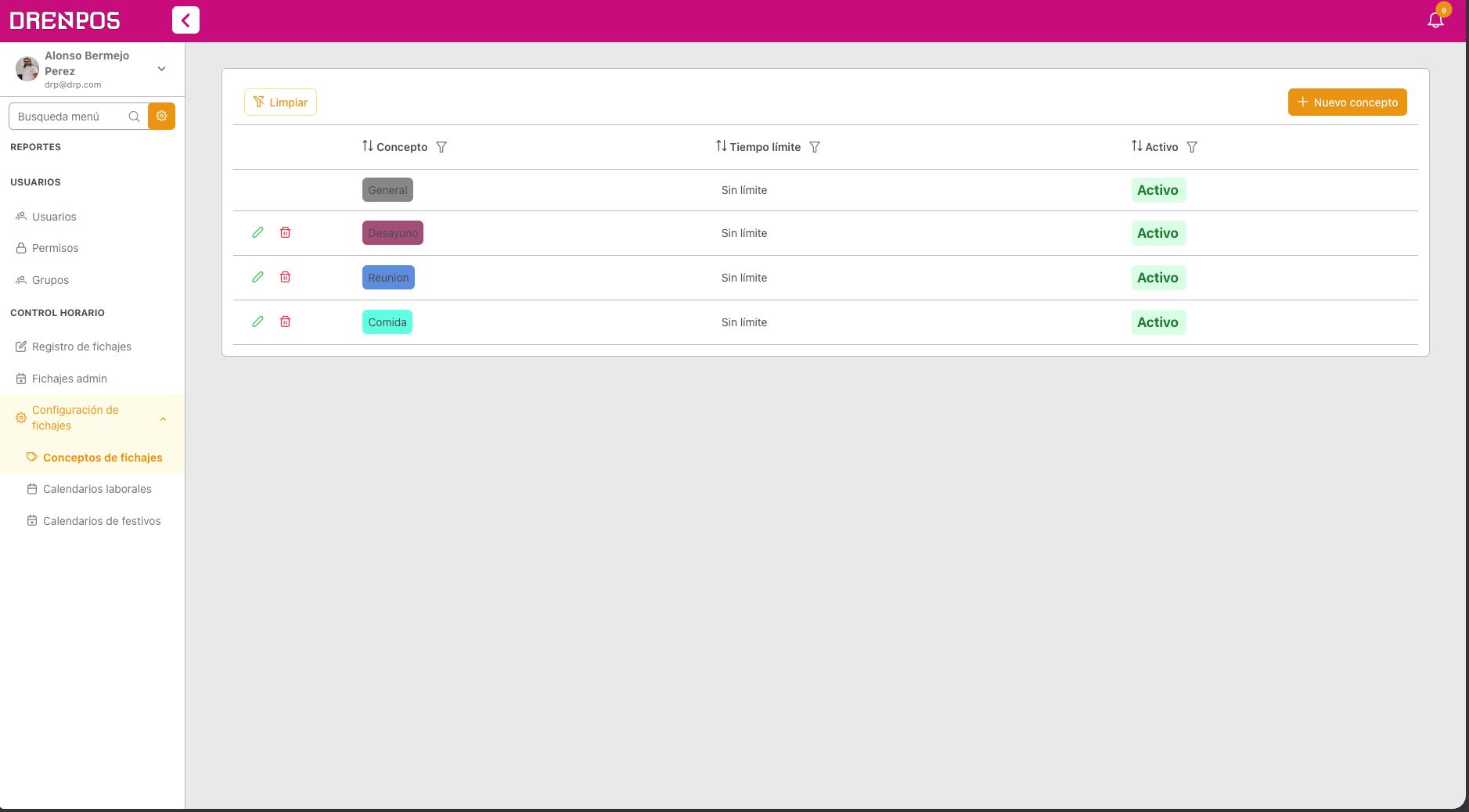 Conceptos de fichaje configurables